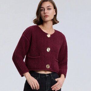 Chunky Burgundy Ribbed Knit Cardigan
